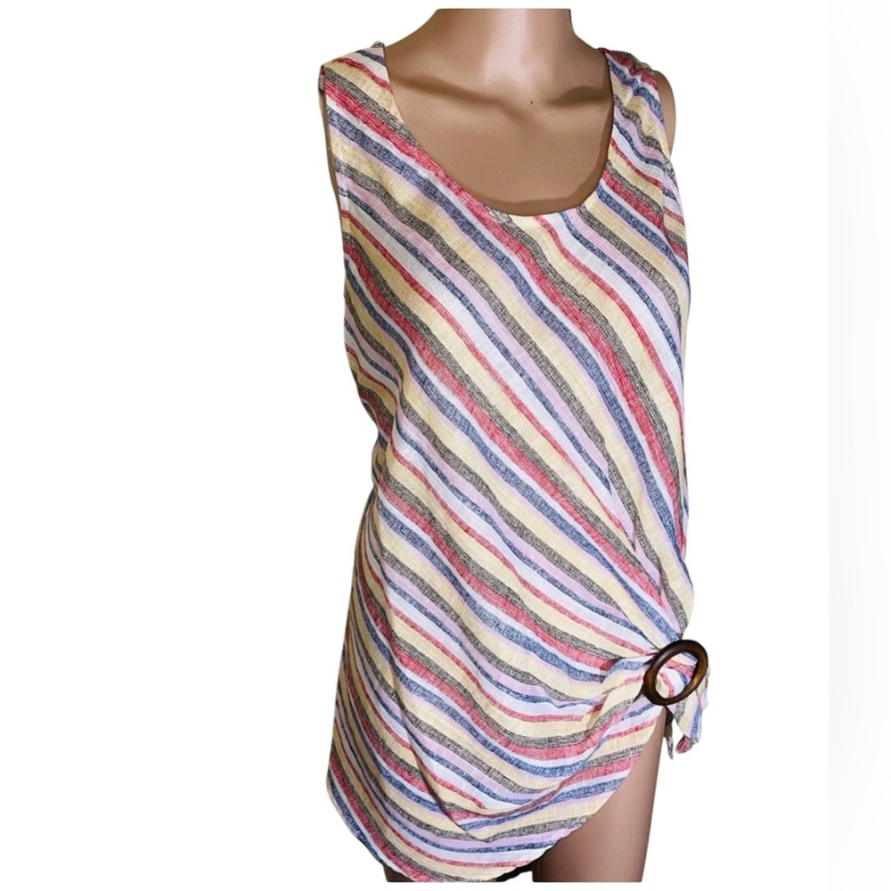 COCO BIANCO STRIPED TOP WOMENS SIDE RING DETAIL SCOOP-NECK SLEEVELESS  SIZE M